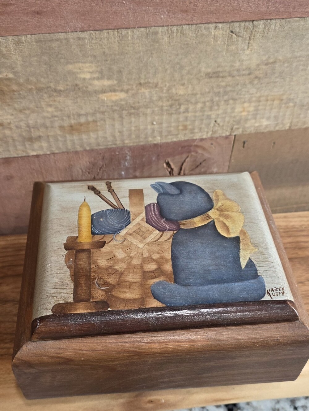 Hand-Painted Cat Keepsake Music Box in Blue and Brown
